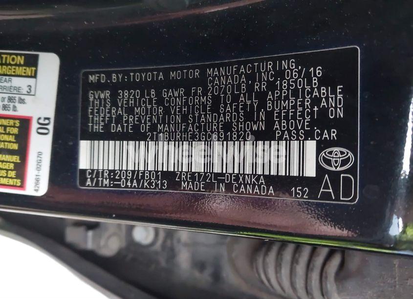 Photo 9 of 2016 Toyota Corolla LE (VIN 2T1BURHE3GC691820)