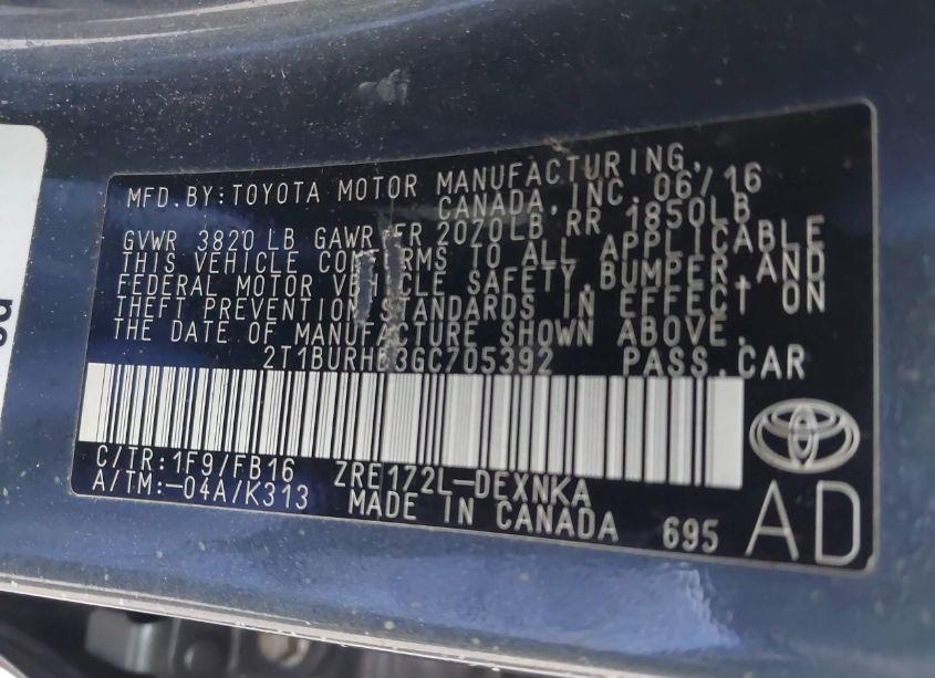 Photo 9 of 2016 Toyota Corolla LE (VIN 2T1BURHE3GC705392)