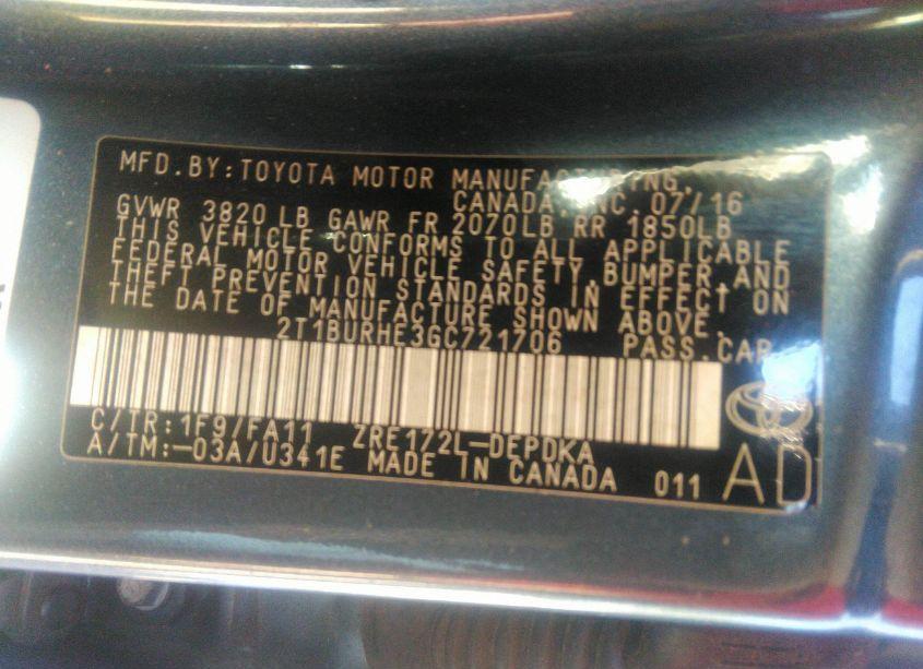 Photo 9 of 2016 Toyota Corolla L (VIN 2T1BURHE3GC721706)