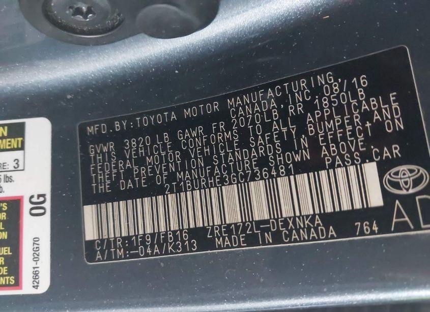 Photo 9 of 2016 Toyota Corolla LE (VIN 2T1BURHE3GC736481)