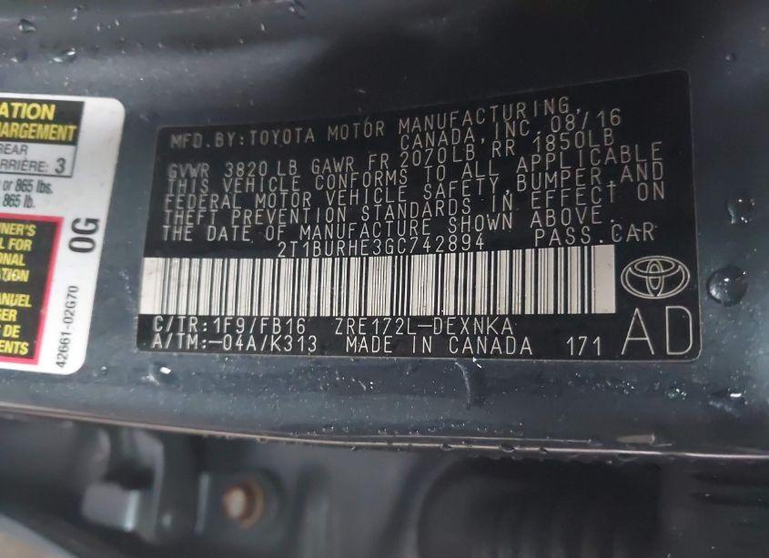 Photo 9 of 2016 Toyota Corolla LE (VIN 2T1BURHE3GC742894)