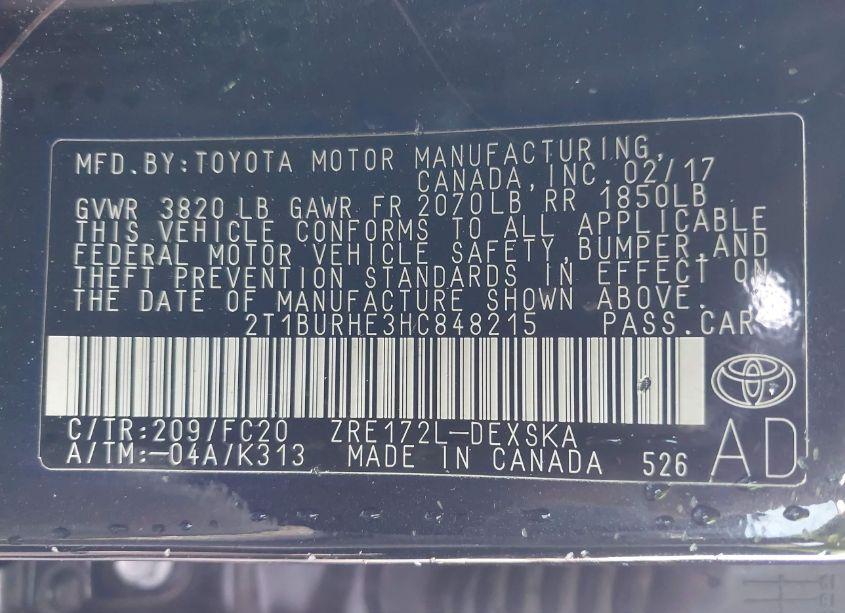 Photo 9 of 2017 Toyota Corolla SE (VIN 2T1BURHE3HC848215)