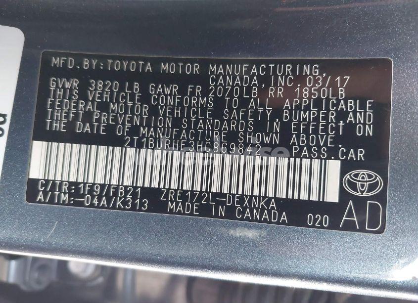 Photo 9 of 2017 Toyota Corolla LE (VIN 2T1BURHE3HC869842)