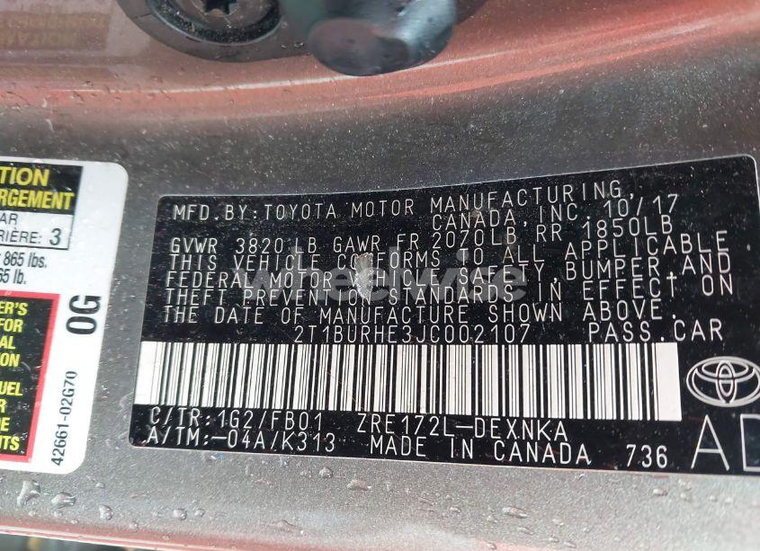 Photo 9 of 2018 Toyota Corolla LE (VIN 2T1BURHE3JC002107)