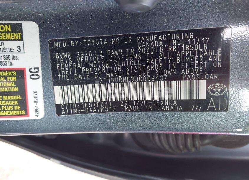 Photo 9 of 2018 Toyota Corolla LE (VIN 2T1BURHE3JC009137)