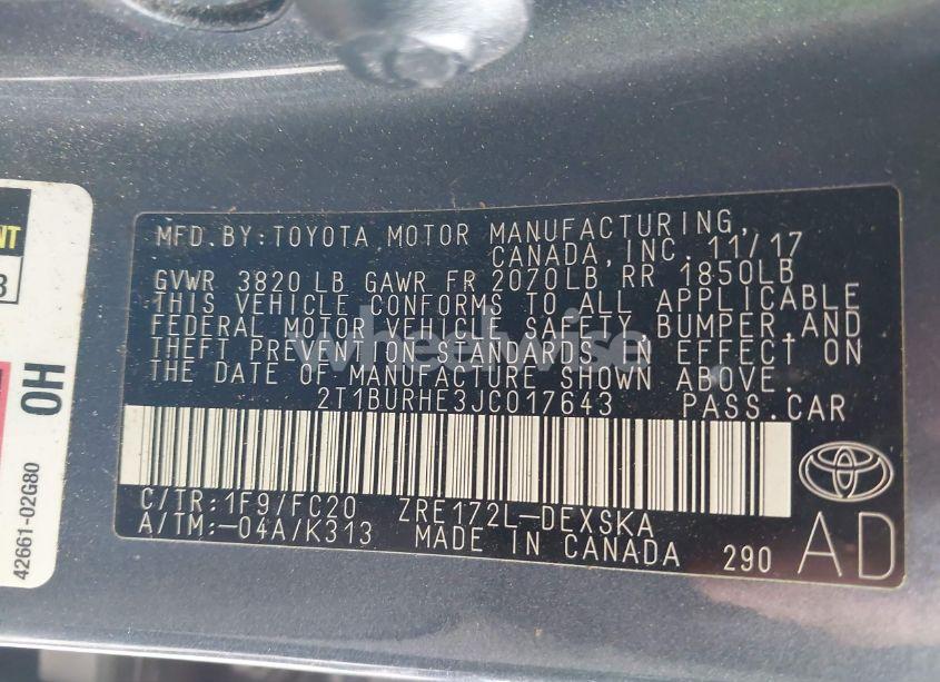 Photo 9 of 2018 Toyota Corolla SE (VIN 2T1BURHE3JC017643)