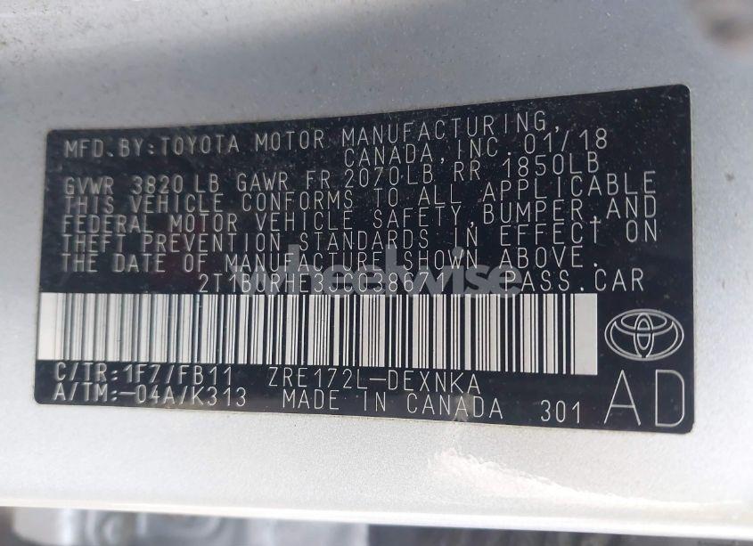 Photo 9 of 2018 Toyota Corolla LE (VIN 2T1BURHE3JC038671)