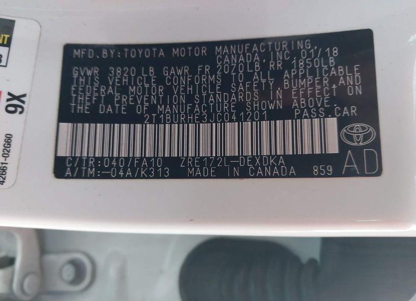 Photo 9 of 2018 Toyota Corolla L (VIN 2T1BURHE3JC041201)