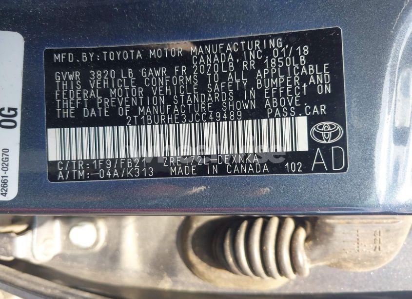 Photo 9 of 2018 Toyota Corolla LE (VIN 2T1BURHE3JC049489)