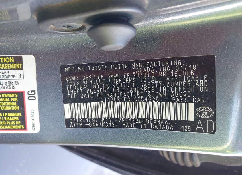 Photo 9 of 2018 Toyota Corolla LE (VIN 2T1BURHE3JC054529)