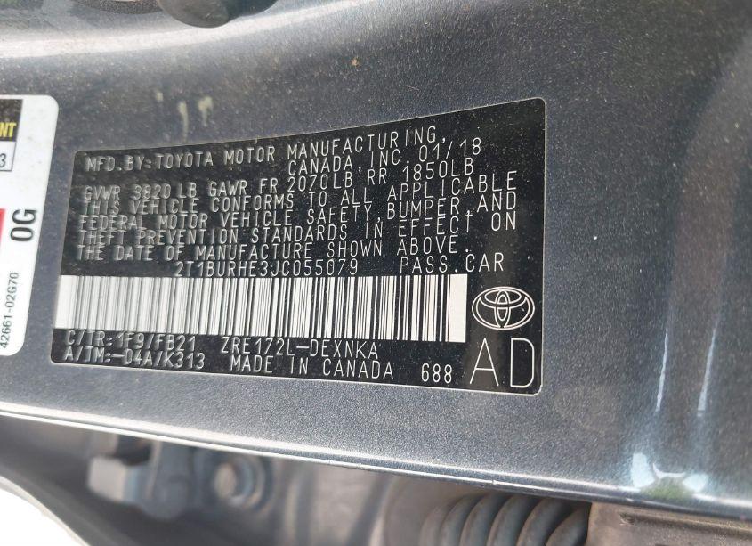 Photo 9 of 2018 Toyota Corolla LE (VIN 2T1BURHE3JC055079)