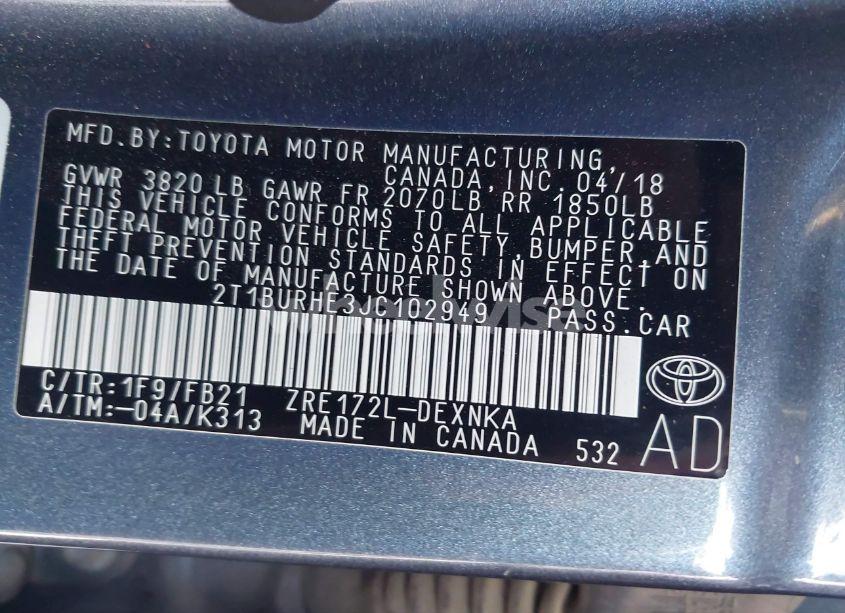 Photo 9 of 2018 Toyota Corolla LE (VIN 2T1BURHE3JC102949)