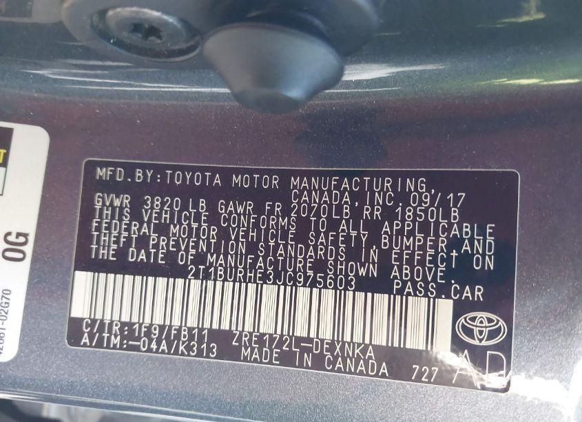 Photo 9 of 2018 Toyota Corolla LE (VIN 2T1BURHE3JC975603)