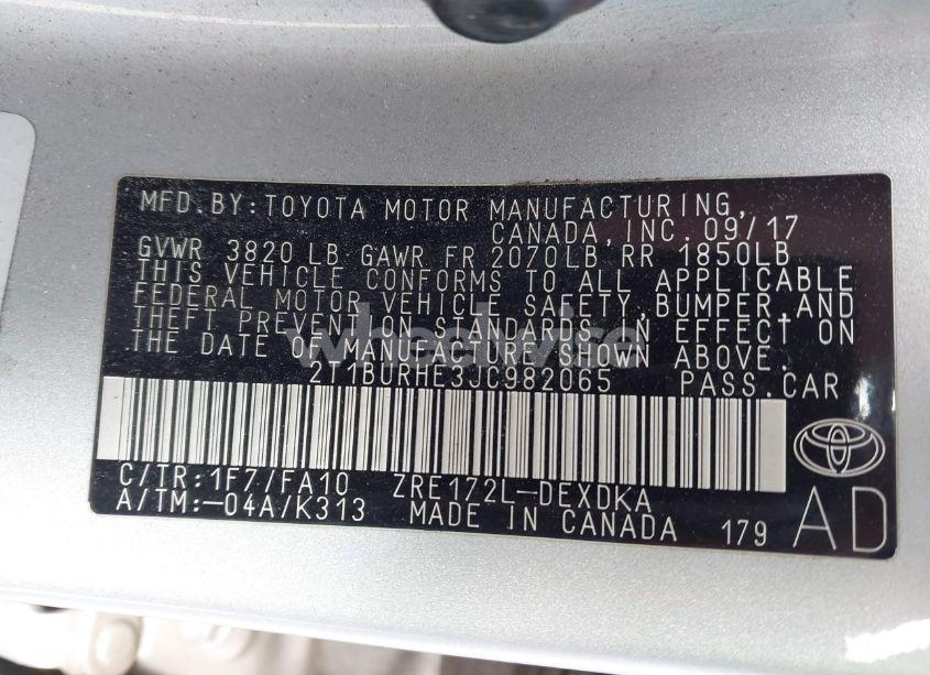 Photo 9 of 2018 Toyota Corolla L (VIN 2T1BURHE3JC982065)