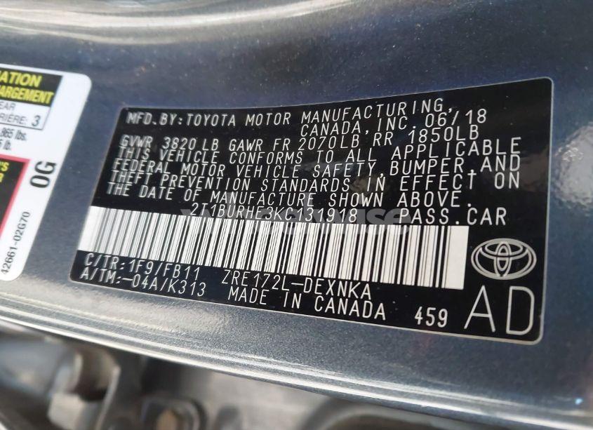 Photo 9 of 2019 Toyota Corolla L/LE/XLE/SE/XSE (VIN 2T1BURHE3KC131918)