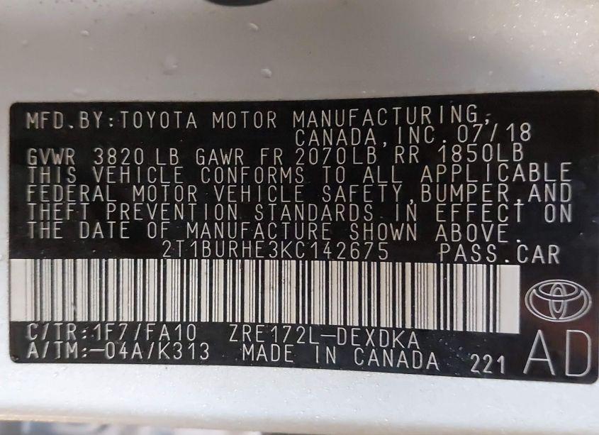 Photo 9 of 2019 Toyota Corolla L (VIN 2T1BURHE3KC142675)