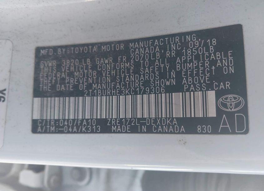 Photo 9 of 2019 Toyota Corolla L (VIN 2T1BURHE3KC179306)