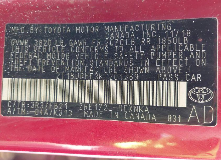 Photo 9 of 2019 Toyota Corolla LE (VIN 2T1BURHE3KC201269)