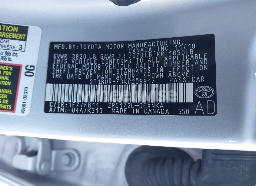 Photo 9 of 2019 Toyota Corolla LE (VIN 2T1BURHE3KC208917)