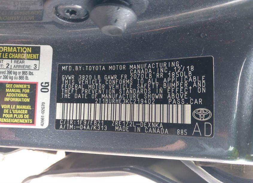 Photo 9 of 2019 Toyota Corolla LE (VIN 2T1BURHE3KC219402)