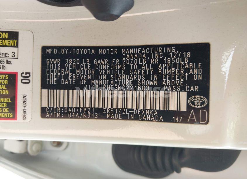 Photo 9 of 2019 Toyota Corolla LE (VIN 2T1BURHE3KC221683)