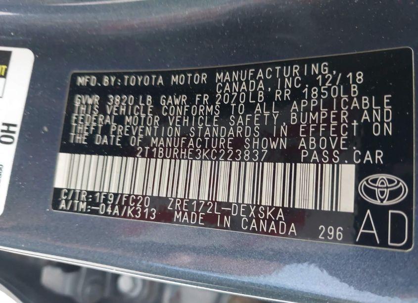 Photo 9 of 2019 Toyota Corolla SE (VIN 2T1BURHE3KC223837)