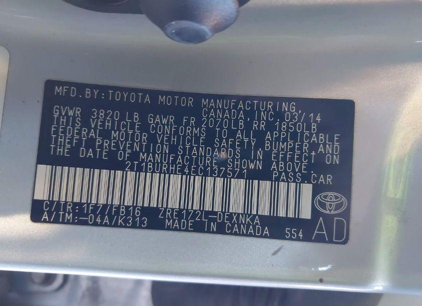 Photo 9 of 2014 Toyota Corolla LE (VIN 2T1BURHE4EC137571)