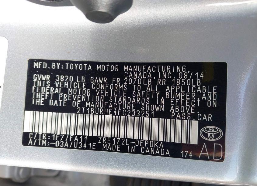 Photo 9 of 2015 Toyota Corolla L (VIN 2T1BURHE4FC233251)