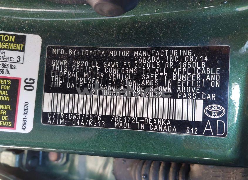 Photo 9 of 2015 Toyota Corolla LE PLUS (VIN 2T1BURHE4FC242032)