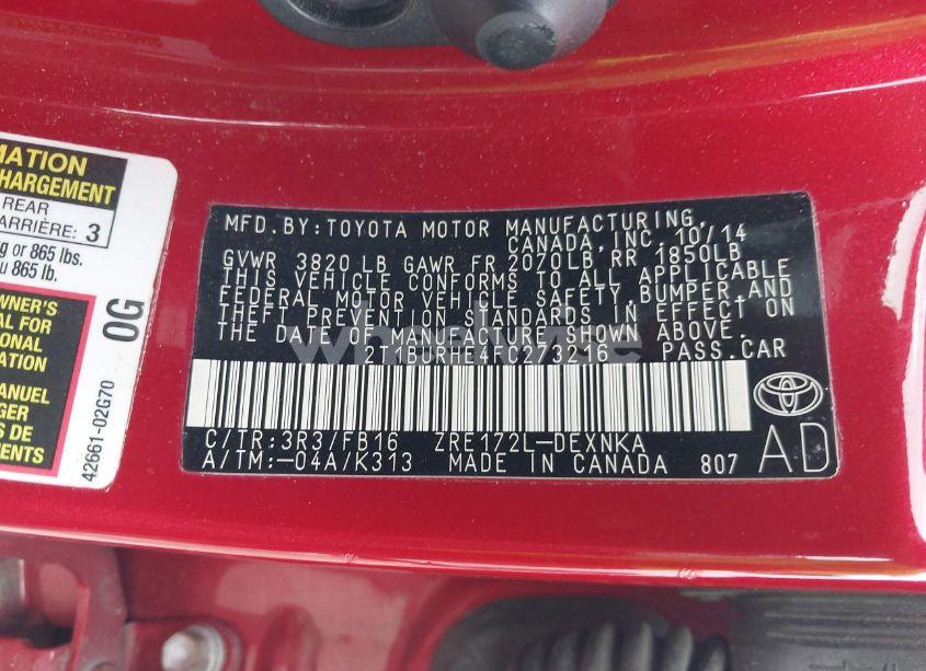 Photo 9 of 2015 Toyota Corolla LE (VIN 2T1BURHE4FC273216)