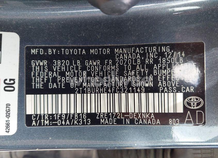 Photo 9 of 2015 Toyota Corolla LE (VIN 2T1BURHE4FC321149)