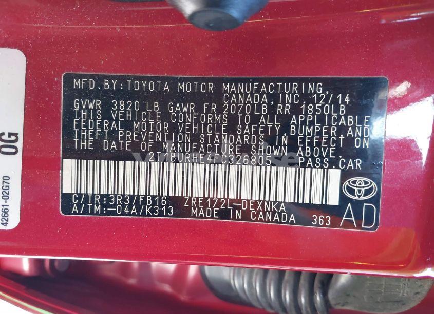 Photo 9 of 2015 Toyota Corolla LE (VIN 2T1BURHE4FC326805)