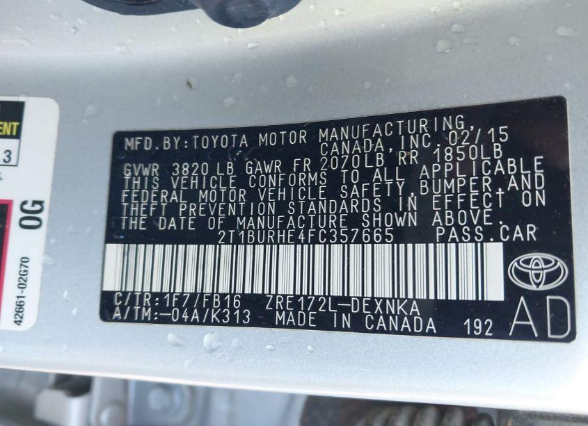 Photo 9 of 2015 Toyota Corolla L/LE/LE PLS/PRM/S/S PLS (VIN 2T1BURHE4FC357665)