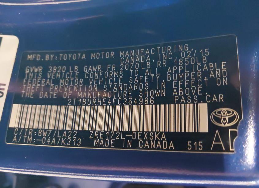 Photo 9 of 2015 Toyota Corolla S PREMIUM (VIN 2T1BURHE4FC364986)