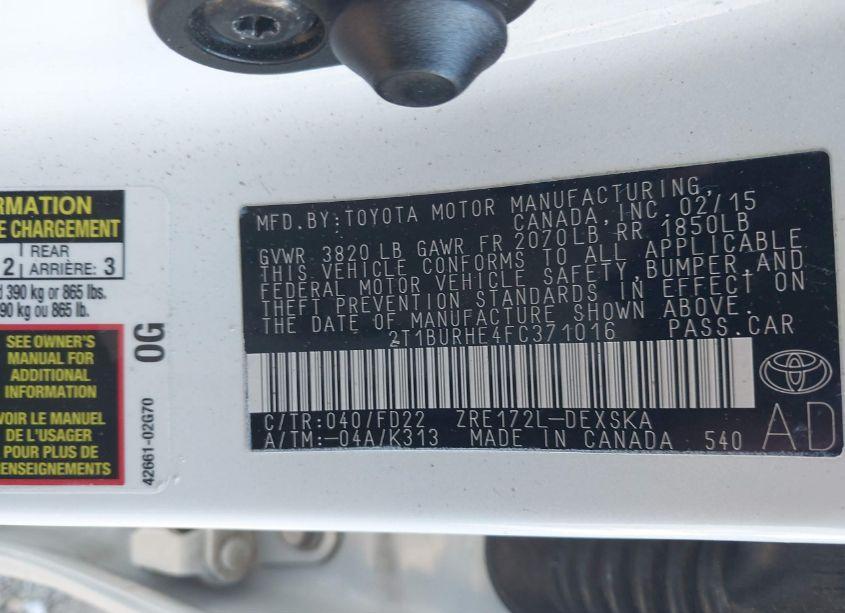 Photo 9 of 2015 Toyota Corolla S (VIN 2T1BURHE4FC371016)