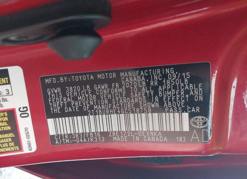 Photo 9 of 2016 Toyota Corolla L/LE/LE PLS/PRM/S/S PLS (VIN 2T1BURHE4GC518758)