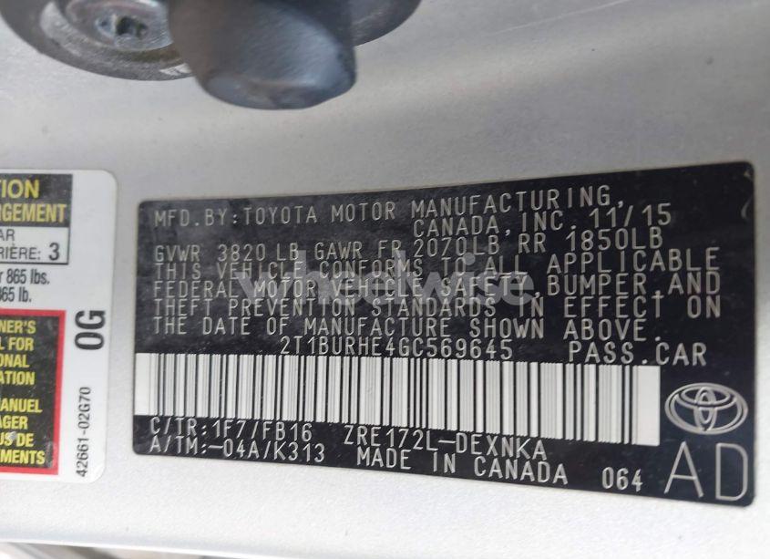 Photo 9 of 2016 Toyota Corolla LE (VIN 2T1BURHE4GC569645)