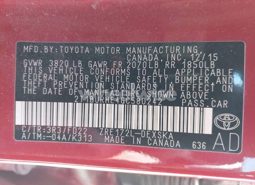 Photo 9 of 2016 Toyota Corolla S PLUS (VIN 2T1BURHE4GC580242)