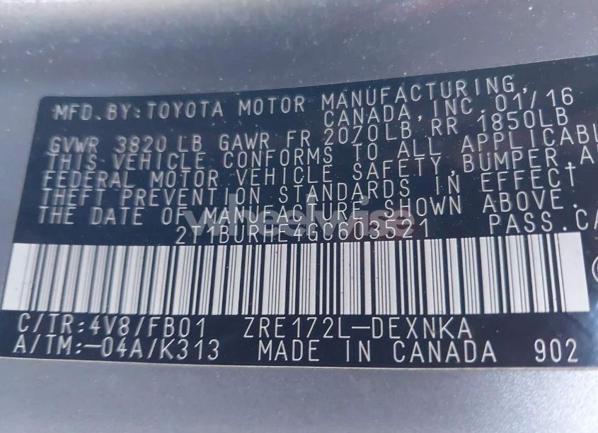 Photo 9 of 2016 Toyota Corolla LE (VIN 2T1BURHE4GC603521)