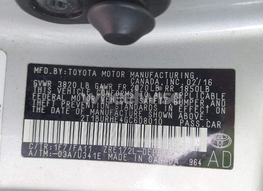 Photo 9 of 2016 Toyota Corolla L (VIN 2T1BURHE4GC608010)