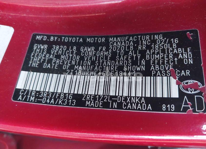 Photo 9 of 2016 Toyota Corolla LE (VIN 2T1BURHE4GC618441)