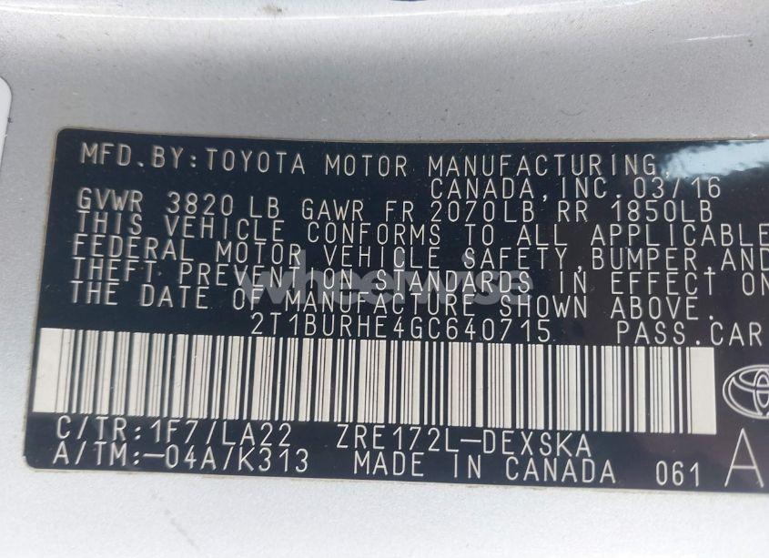 Photo 9 of 2016 Toyota Corolla S PREMIUM (VIN 2T1BURHE4GC640715)