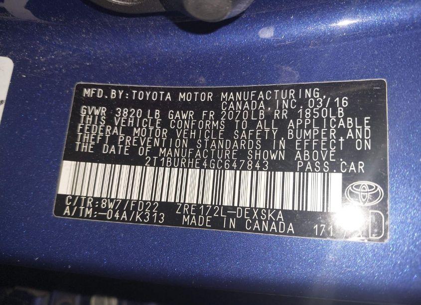 Photo 9 of 2016 Toyota Corolla S PLUS (VIN 2T1BURHE4GC647843)