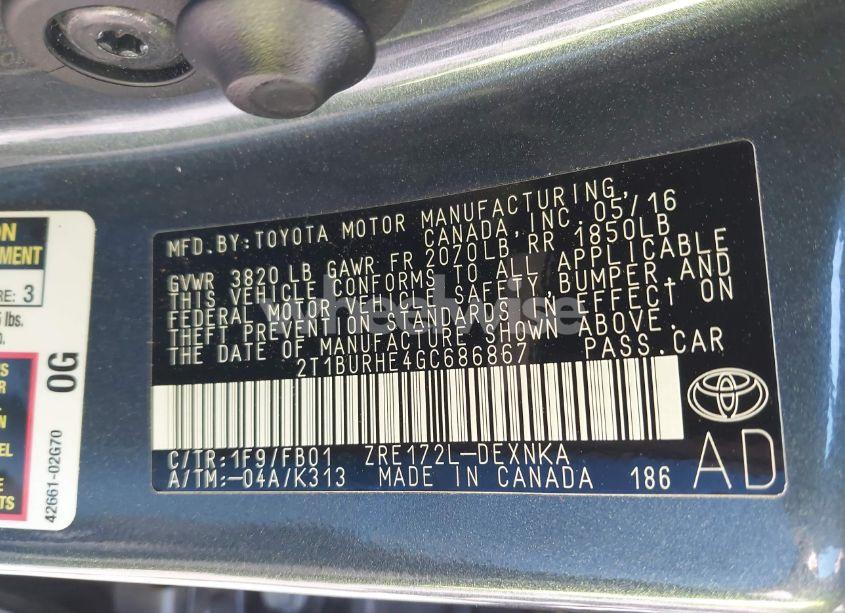 Photo 9 of 2016 Toyota Corolla LE (VIN 2T1BURHE4GC686867)