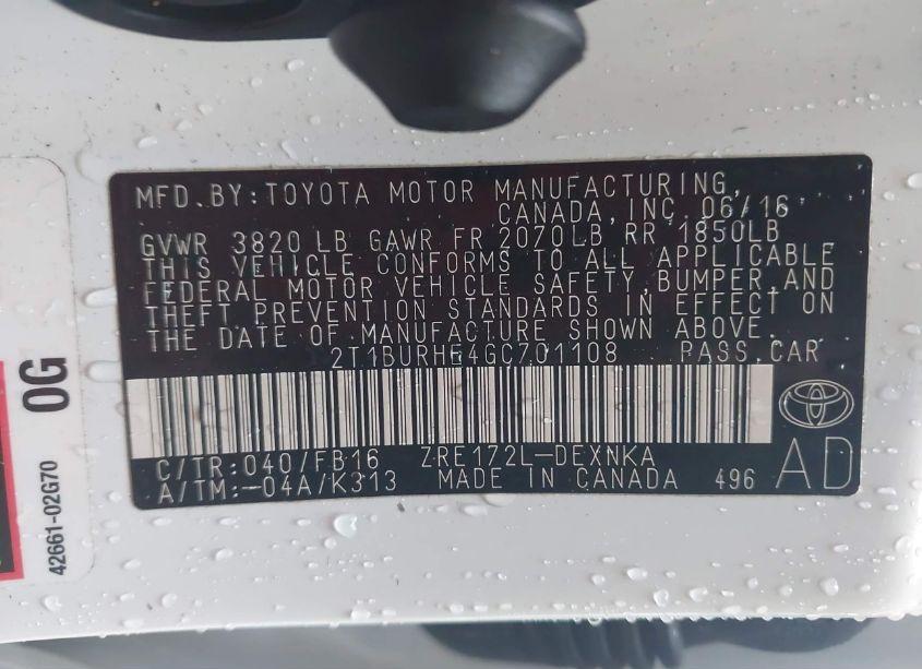 Photo 9 of 2016 Toyota Corolla LE (VIN 2T1BURHE4GC701108)