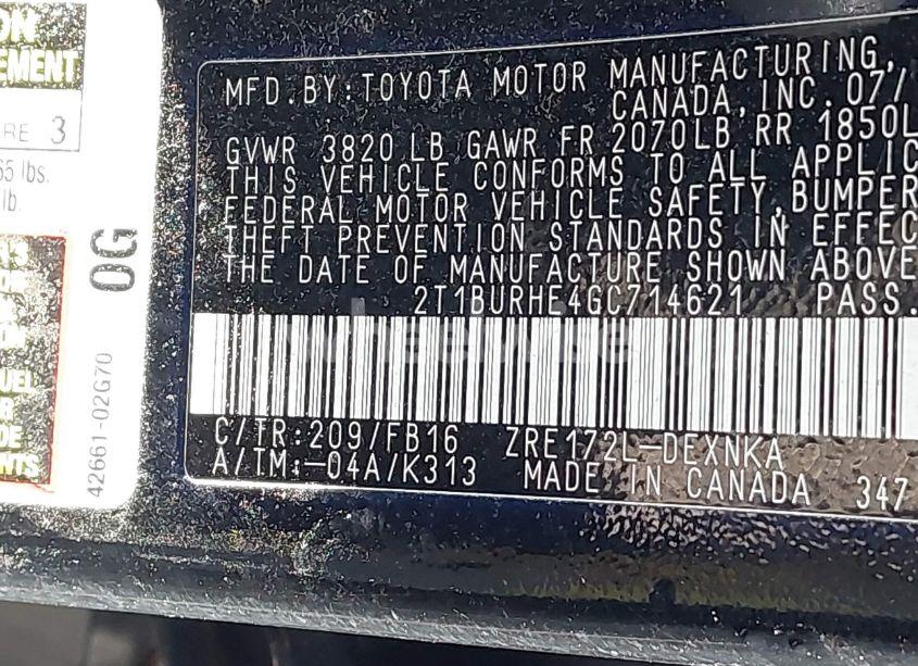 Photo 9 of 2016 Toyota Corolla LE (VIN 2T1BURHE4GC714621)