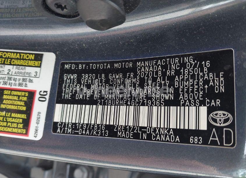 Photo 9 of 2016 Toyota Corolla LE (VIN 2T1BURHE4GC719365)