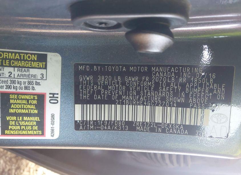 Photo 9 of 2016 Toyota Corolla S PLUS (VIN 2T1BURHE4GC727014)