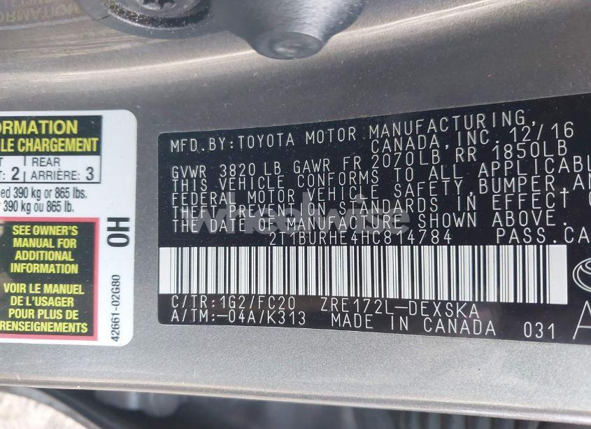 Photo 9 of 2017 Toyota Corolla SE (VIN 2T1BURHE4HC814784)