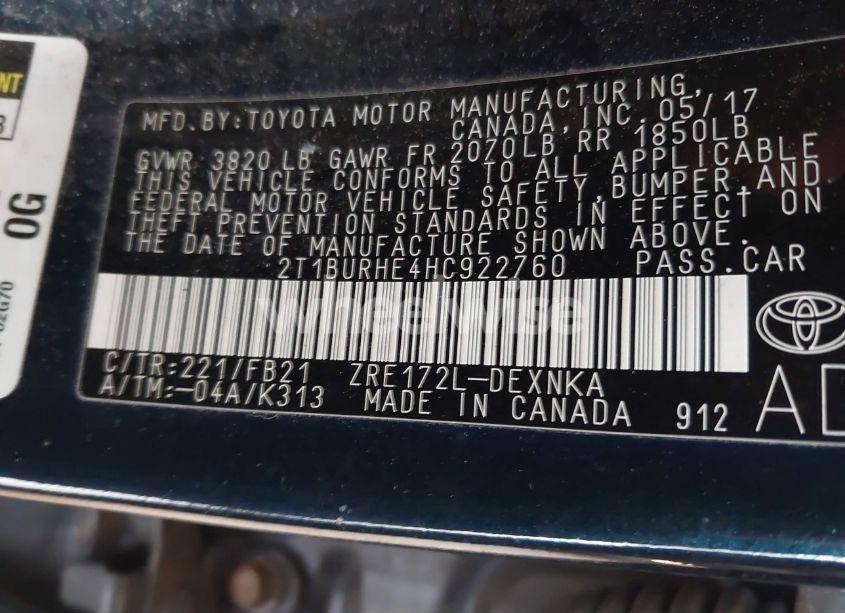 Photo 9 of 2017 Toyota Corolla L/LE/XLE/SE/XSE (VIN 2T1BURHE4HC922760)